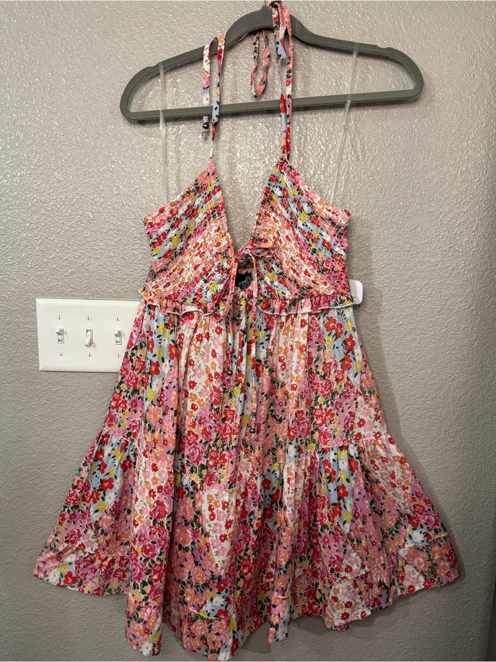 NWT Angie Floral Halter Mini Dress Smocked Tiered Boho Cottagecore Vacation